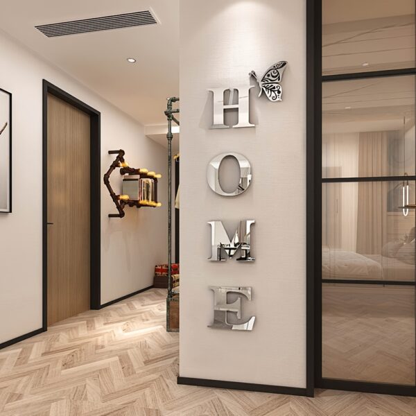 'HOME' acrylic mirror set with creative 3D letters. Modern luxury wall art.