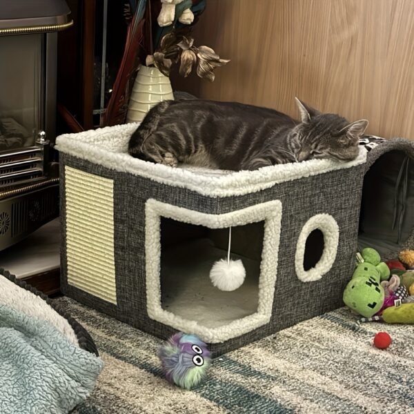 Casa de Luxo para Cães e Gatos com Cama, Placa de Arranhar e Tapete Reforçado